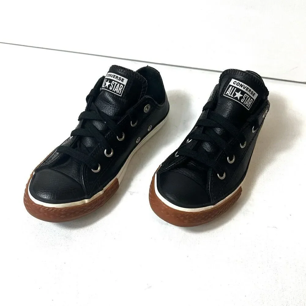 Converse All Star Kids Sz 2 Black Leather Low Top Lace Up Comfort Casual Sneaker